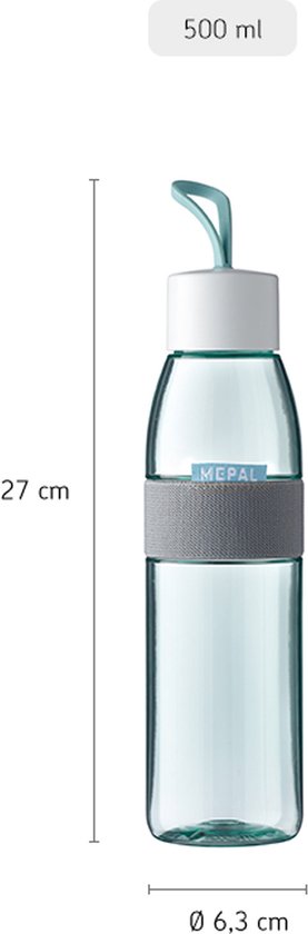Transparante Mepal drinkfles van 500 ml met witte dop en grijze band.