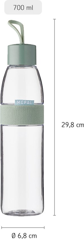 Transparante Mepal waterfles van 700ml met groene band en lus.