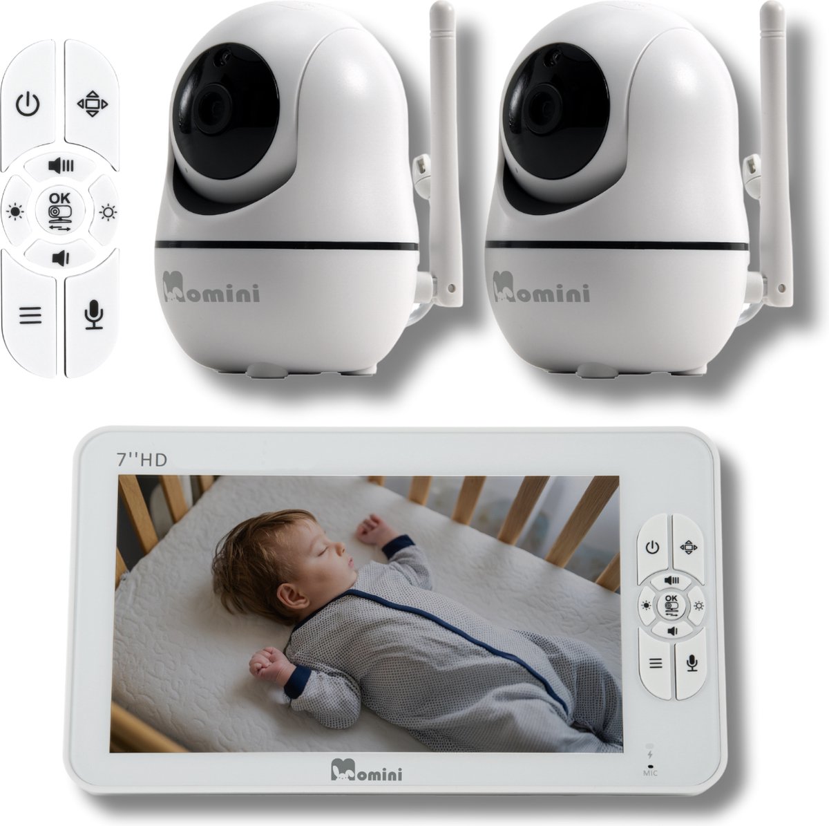 Momini DreamWatcher Draadloze Babyfoon met 2 Camera's - Videobabyfoon - 7" HD LCD Scherm - Nachtzicht - 360° Rotatie - 300m Bereik - Wit