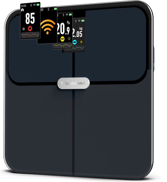 Balance personnelle Sacoma - Avec plate-forme de pesée interactive - Analyse corporelle 17x - Bluetooth et WiFi - Balance avec application - Rechargeable par USB - Rechargeable par USB numérique - Numérique