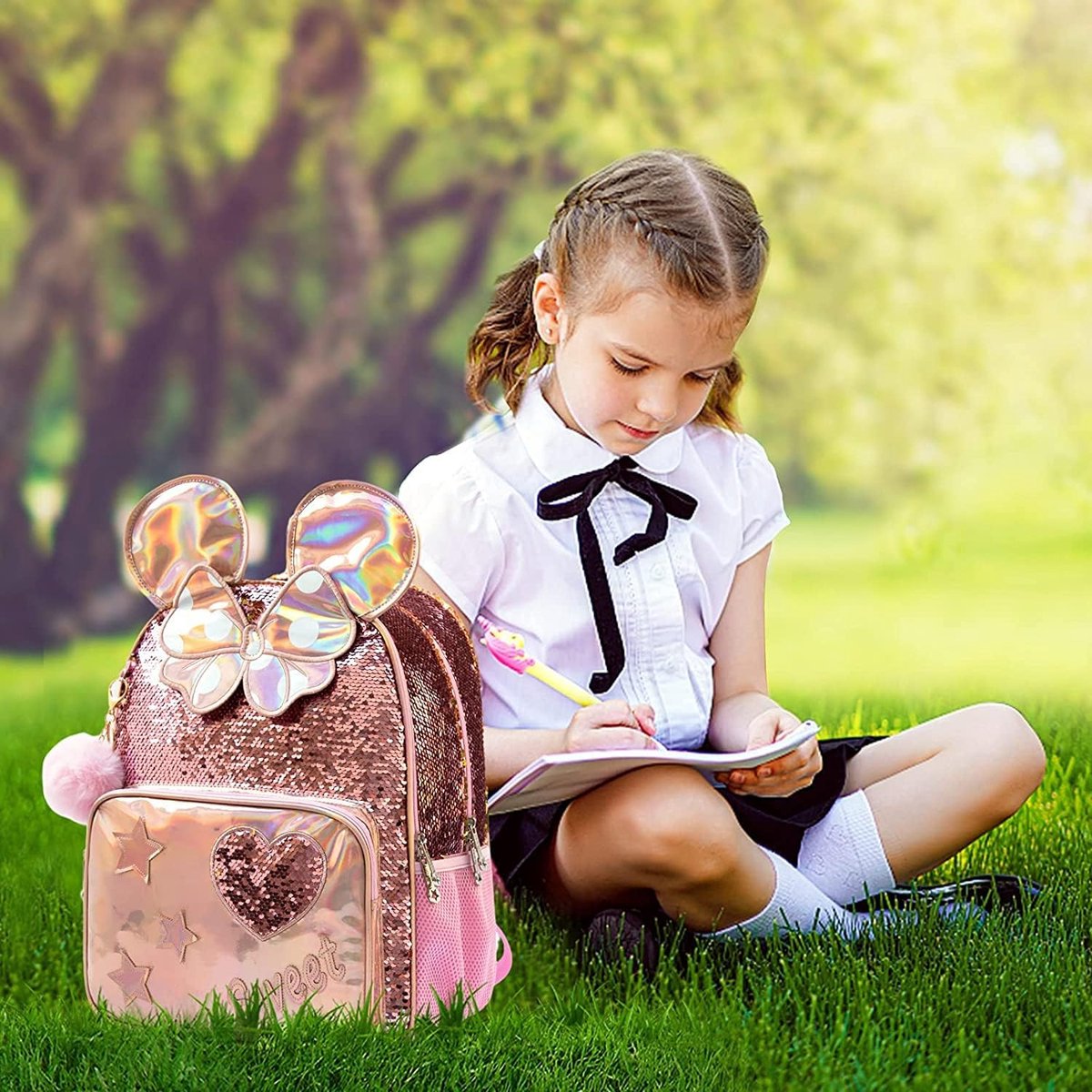 Joya Kids® Mini Oren Schooltas Pailletten | Rugzak Meisje | Muis rugtas | |Mini rugzak | Backpack meisjes | Roze Pailletten en Glitter Tas met Etui | 34 x 24 cm | Groep 1 - 4 | 10 Liter – foto 2