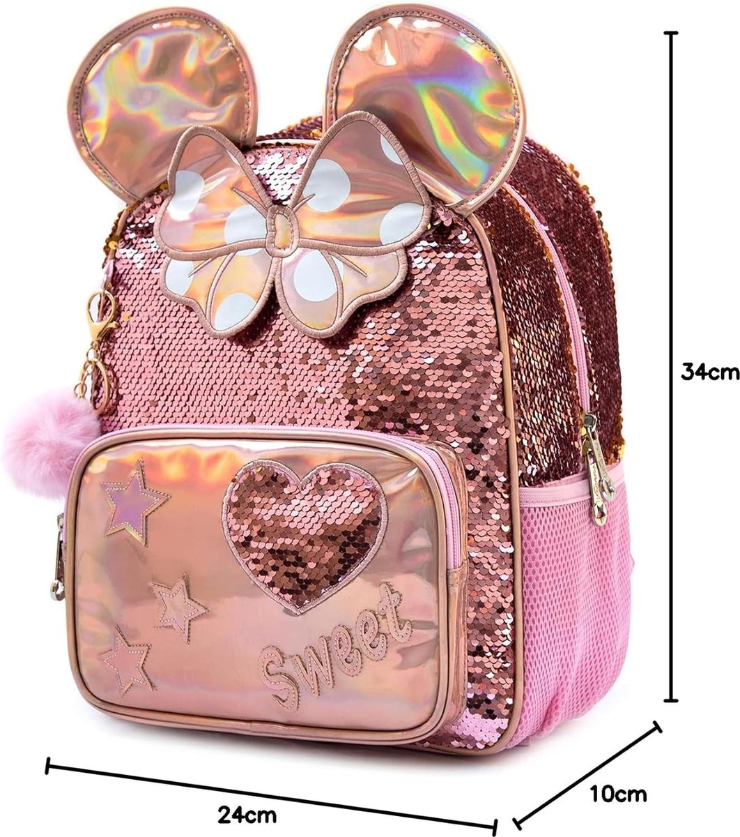 Joya Kids® Mini Oren Schooltas Pailletten | Rugzak Meisje | Muis rugtas | |Mini rugzak | Backpack meisjes | Roze Pailletten en Glitter Tas met Etui | 34 x 24 cm | Groep 1 - 4 | 10 Liter – foto 7