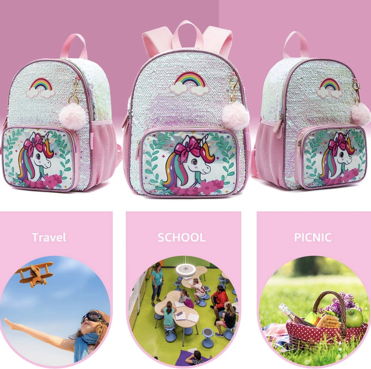 Joya Kids® Unicorn Schooltas Pailletten | Rugzak Meisje | Eenhoorn rugtas | Unicorn rugzak | Backpack meisjes | Paarse Pailletten en Glitter Tas met Etui | 33 x 26 cm | Groep 1 - 4 | 10 Liter – foto 6