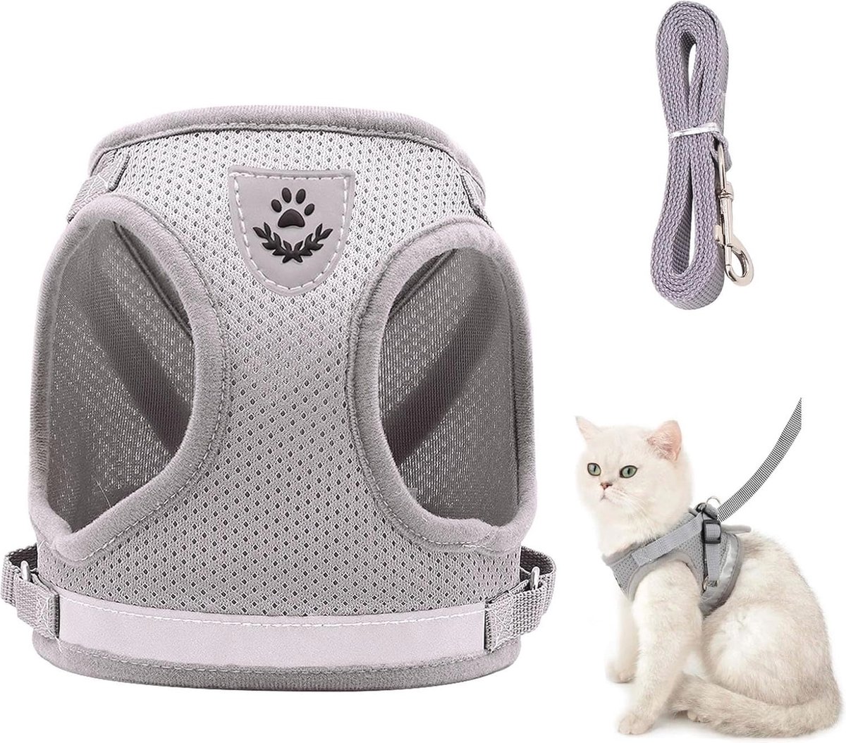 Kattenharnas en Riempje Set - Ontsnappingsbestendig, Zacht Gaas, Verstelbaar, Lichtgewicht voor Wandelen en Reizen, S, Grijs