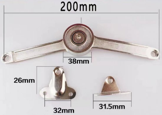 Zilverkleurig klepscharnier, 200 mm lang, met afmetingen gemarkeerd.