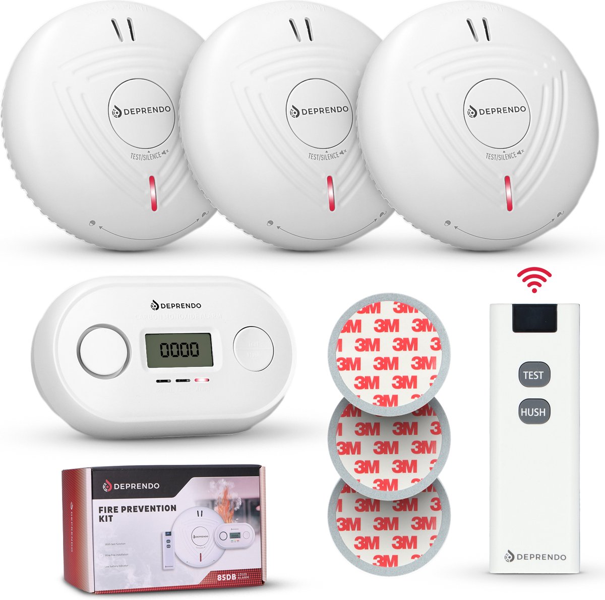 Deprendo Brandpreventieset met 3 Rookmelders en 1 Koolmonoxidemelder - Met afstandsbediening - 10 Jaar Batterij - 3M Magneet Montage - Zonder Boren - Koppelbare Brandalarm en CO melder - Draadloos
