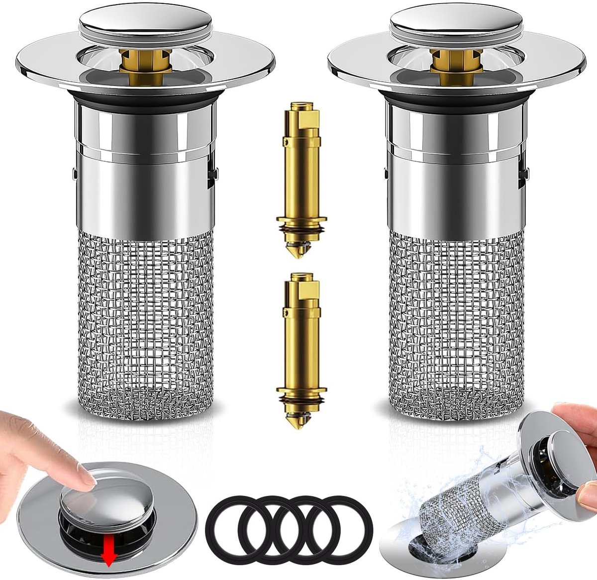 Verpakking van 2 roestvrijstalen vloerafvoerfilters, afvoerzeef haarzeef douche, afvoerplug met zeef, afvoergootsteenzeef voor badkamers, keukens, pop-up gootsteenzeef gootsteenplug