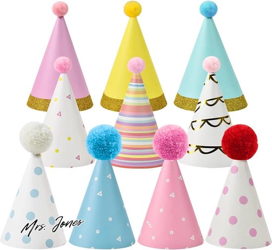 Foto: Mrs jones 10 stks verjaardagsfeest kegel hoeden met poms papieren party hoeden decoratie voor volwassenen en kinderen feesthoeden decoratie 
