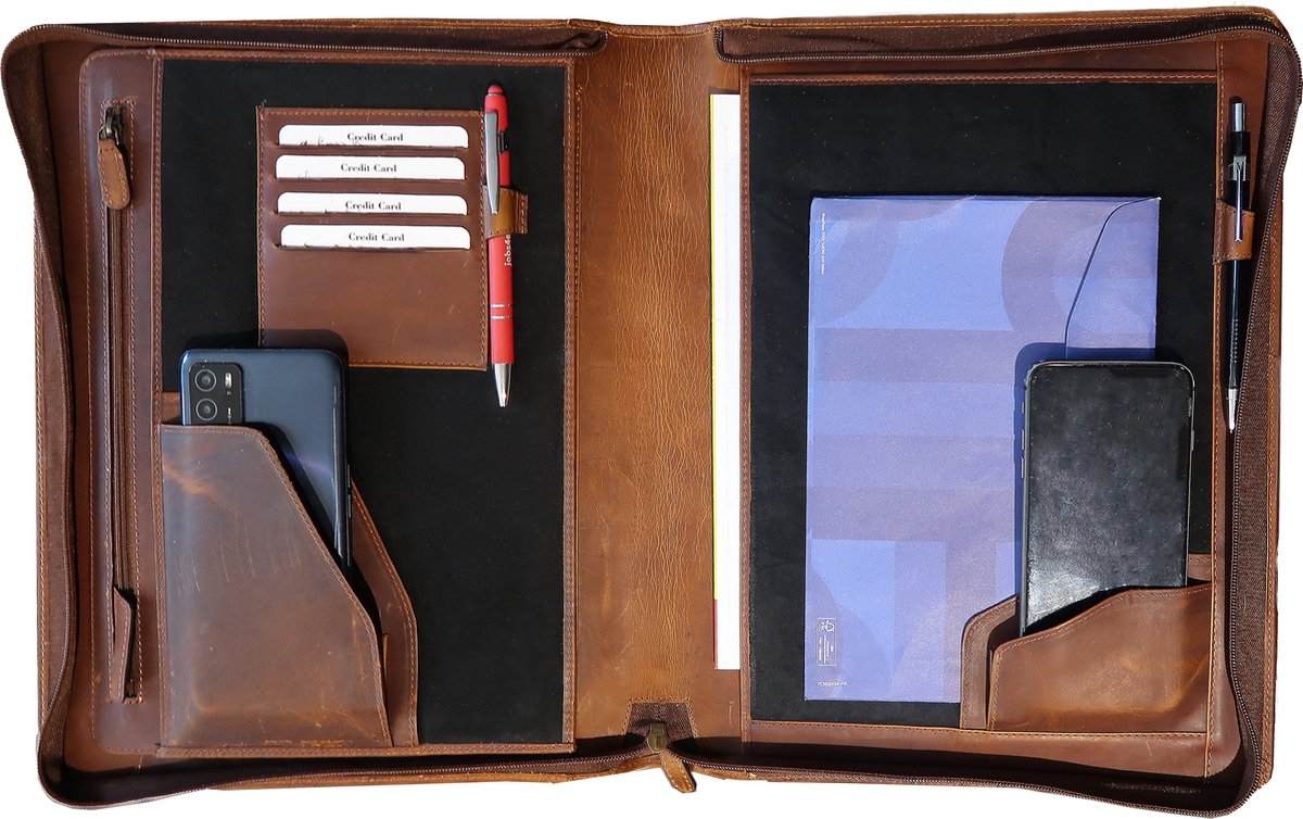 Handgemaakte Lederen schrijfmap A4 - Zakelijke portfolio Laptop tot 14" - A4 conferentiemap voor de veeleisende gebruiker- schrijfmap van tijdloze elegantie -Hoogste kwaliteit leren map met ritssluiting - Cadeautje voor hem