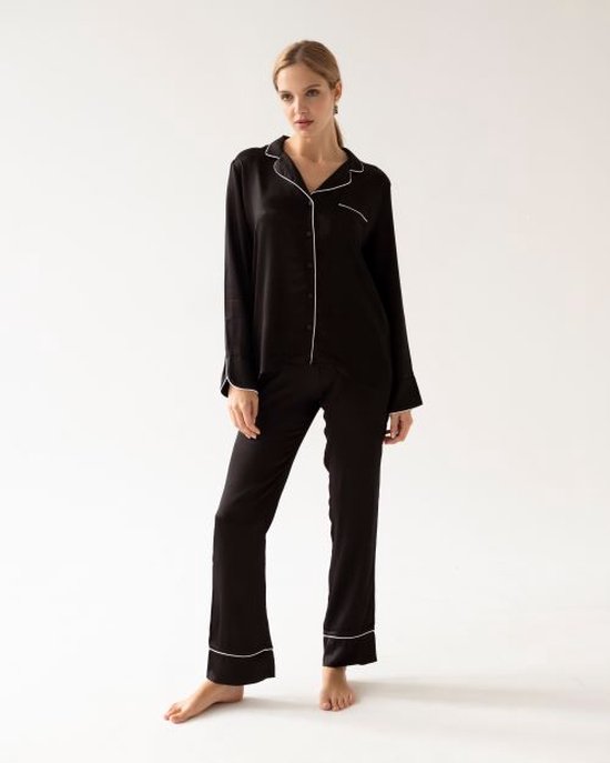 Dames pyjama Charlotte-satijn-lange mouwen & broek-witte accenten-zwart-maat S