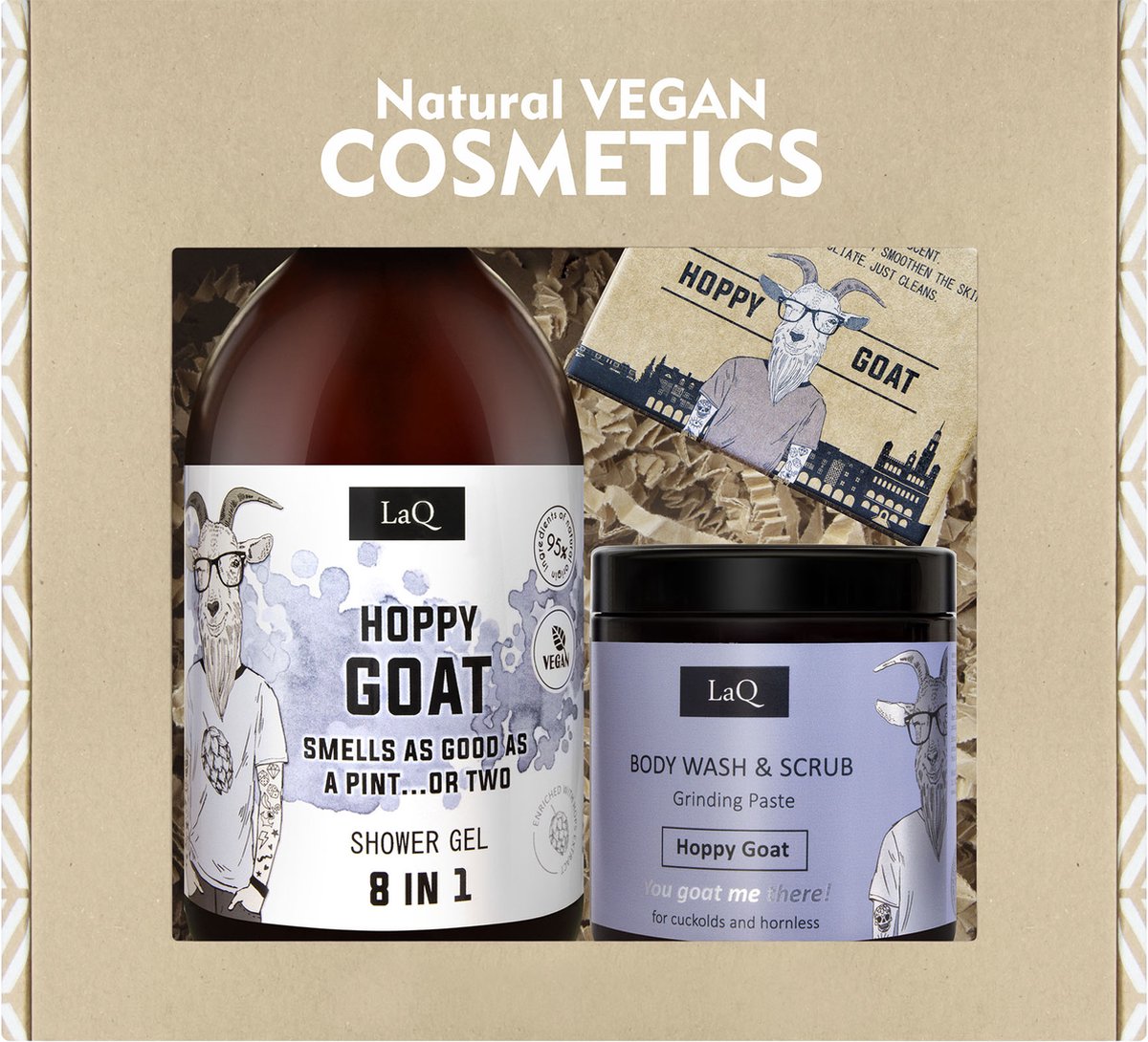 LaQ Hoppy Goat Cadeaus Mannen – Vegan Geschenkset met Shower Gel + Body Scrub Paste + Soap Bar – Natuurlijke Mannen Cadeautjes – 815g