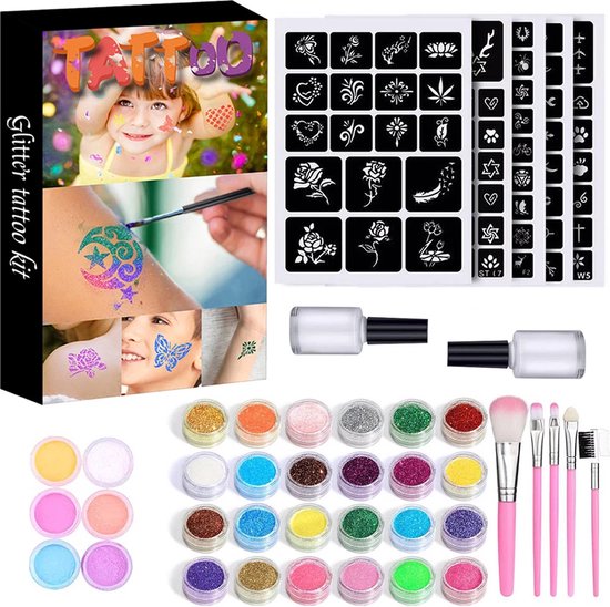 DIY Glitter Tattoo Set 12 Kleuren 120 Sjablonen Tijdelijke Tattoo