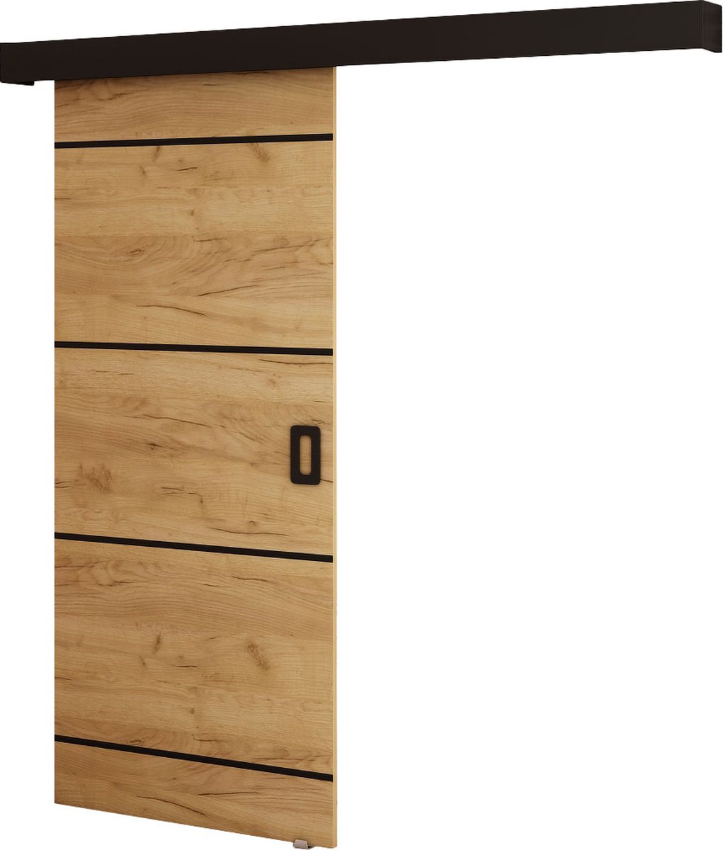 InspireMe - Schuifdeursysteem met rail - 90x204cm - MAY IV - Gouden Eik + Zwart frame + Zwart Handvat