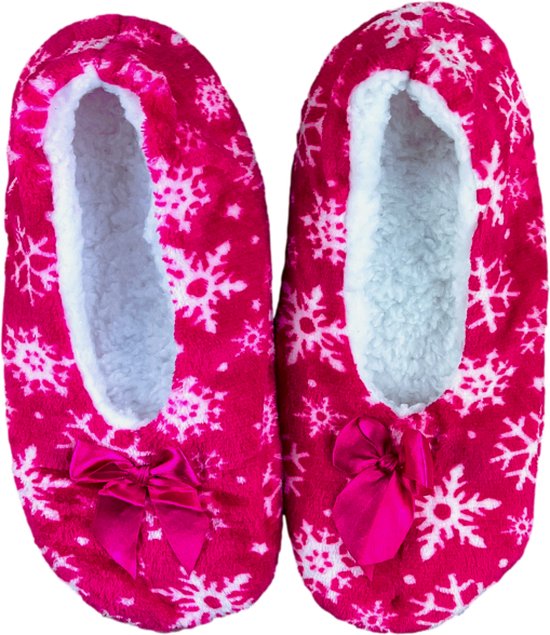 Chaussons Pantoufles femmes - Chaussons laine - Antidérapants - Flocons de neige - Rose - Taille 35-38
