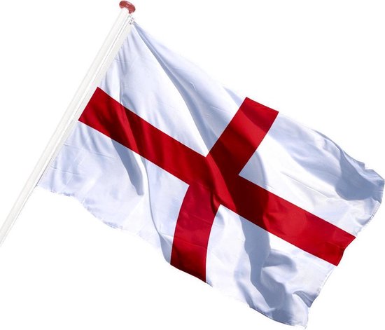 De Engelse vlag wapperend aan een witte paal, met een rood kruis op een witte achtergrond.