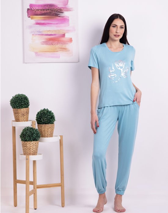 VANILLA - FlowerFace dames pyjama - Pyjamasets - Tweedelig - Viscose - Lichtblauw - 1520 - 4XL