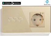 SmartinHuis – Slimme serieschakelaar (3) + stopcontact (energiemonitoring) – Goud – Wifi – Hotelschakelaar – 3 lampen