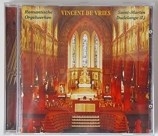 De voorkant van een cd hoes met daarop een orgel in een kerk. De tekst luidt 'VINCET DE VRIES Romantische Orgelwerken Saint-Martin Dudelange (L)'.