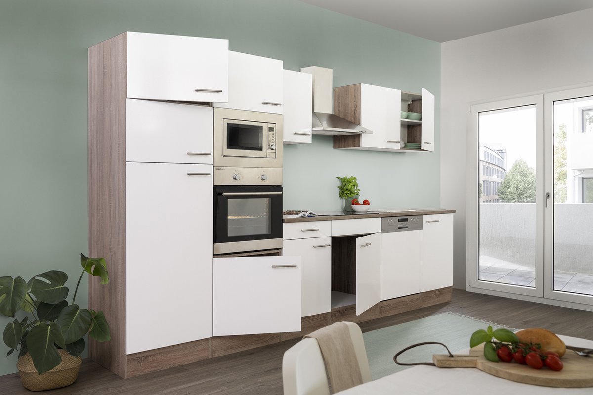 Goedkope keuken 340 cm - complete keuken met apparatuur Oliver - Donker eiken/Wit - keramische kookplaat - vaatwasser - afzuigkap - oven - magnetron - spoelbak