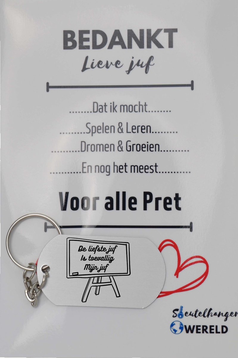 De liefste juf is toevallig mijn juf sleutelhanger inclusief kaart - juf cadeau – Cadeaupakket Juf - einde schooljaar - afscheid - Leuk kado voor je juf om te geven - 2.9 x 5.4CM