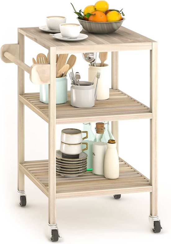Yaheetech Keukenwagen op wielen, serveerwagen met kast en plank, werkblad van hout, rolwagen 55 x 45 x 89 cm, keukentrolley in landelijke stijl, wit