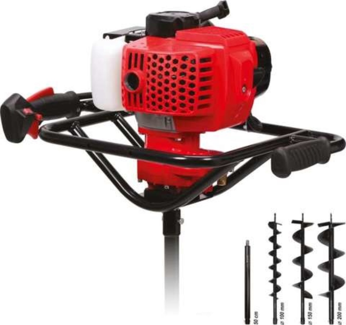 Wiltec benzine grondboor 1,4 kW voor tuinwerkzaamheden, palenboor met 1,9 pk en 52 ccm voor paalgaten in de grond, palenboor met 6500 toeren/min voor tuin en bodem