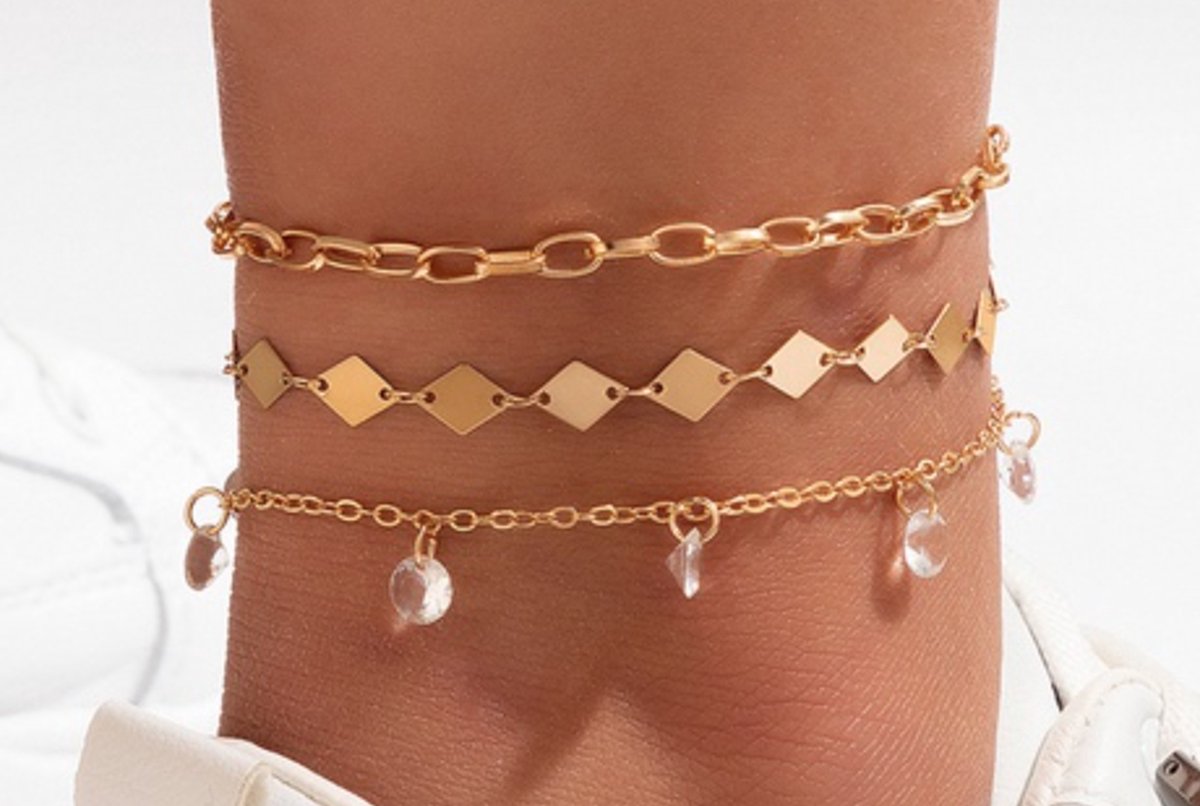 3 Enkelbandjes met steentjes | goud gekleurd
