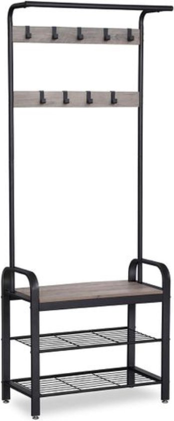 Grijze kapstok met houten planken en metalen frame. Tien haken boven elkaar aan het grijze paneel.