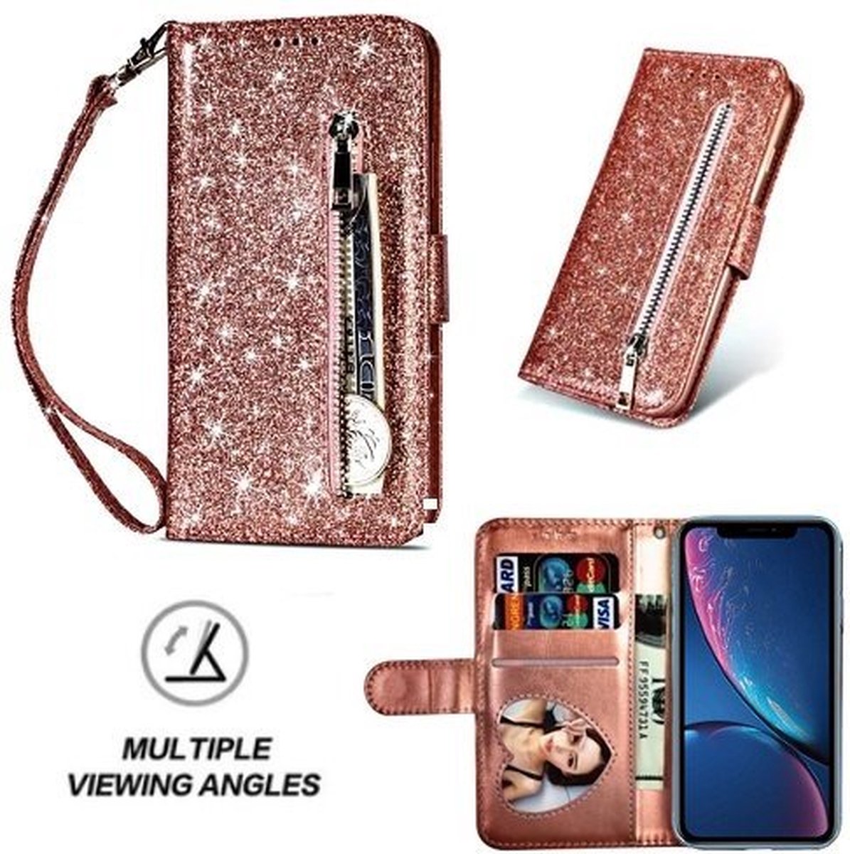 iPhone XR Glitter Hoesje Met Pasjeshouder Bookcase Rose Goud