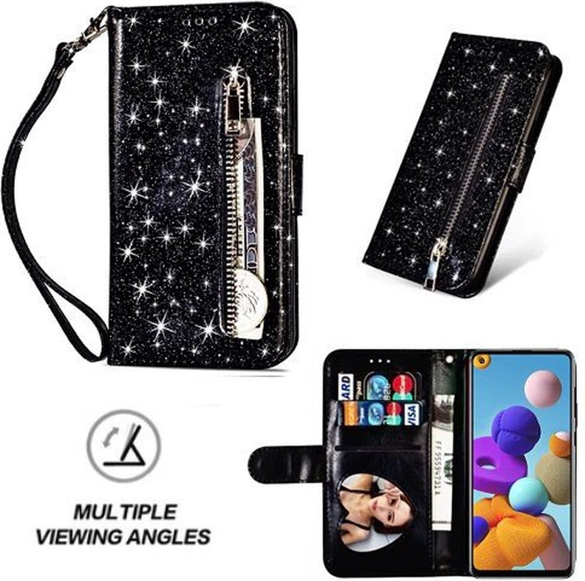 Samsung A21s Glitter Hoesje Met Pasjeshouder Bookcase Zwart