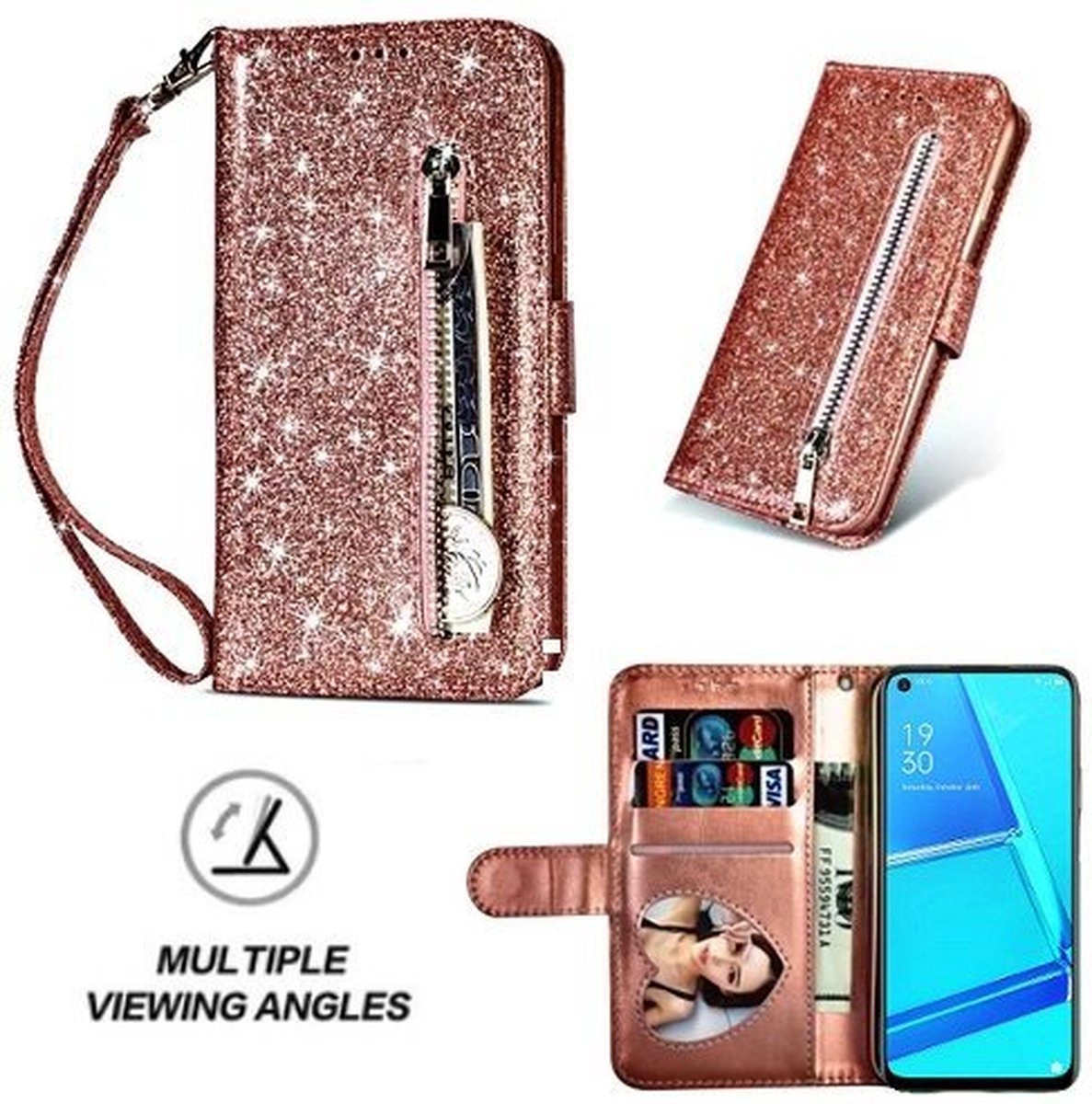Oppo A52 Glitter Hoesje Met Pasjeshouder Bookcase Rose Goud