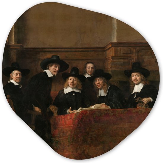 Organische Wanddecoratie - Kunststof Muurdecoratie- Organisch Schilderij - De staalmeesters - Schilderij van Rembrandt van Rijn- 60x60 cm - Organische spiegel vorm op kunststof