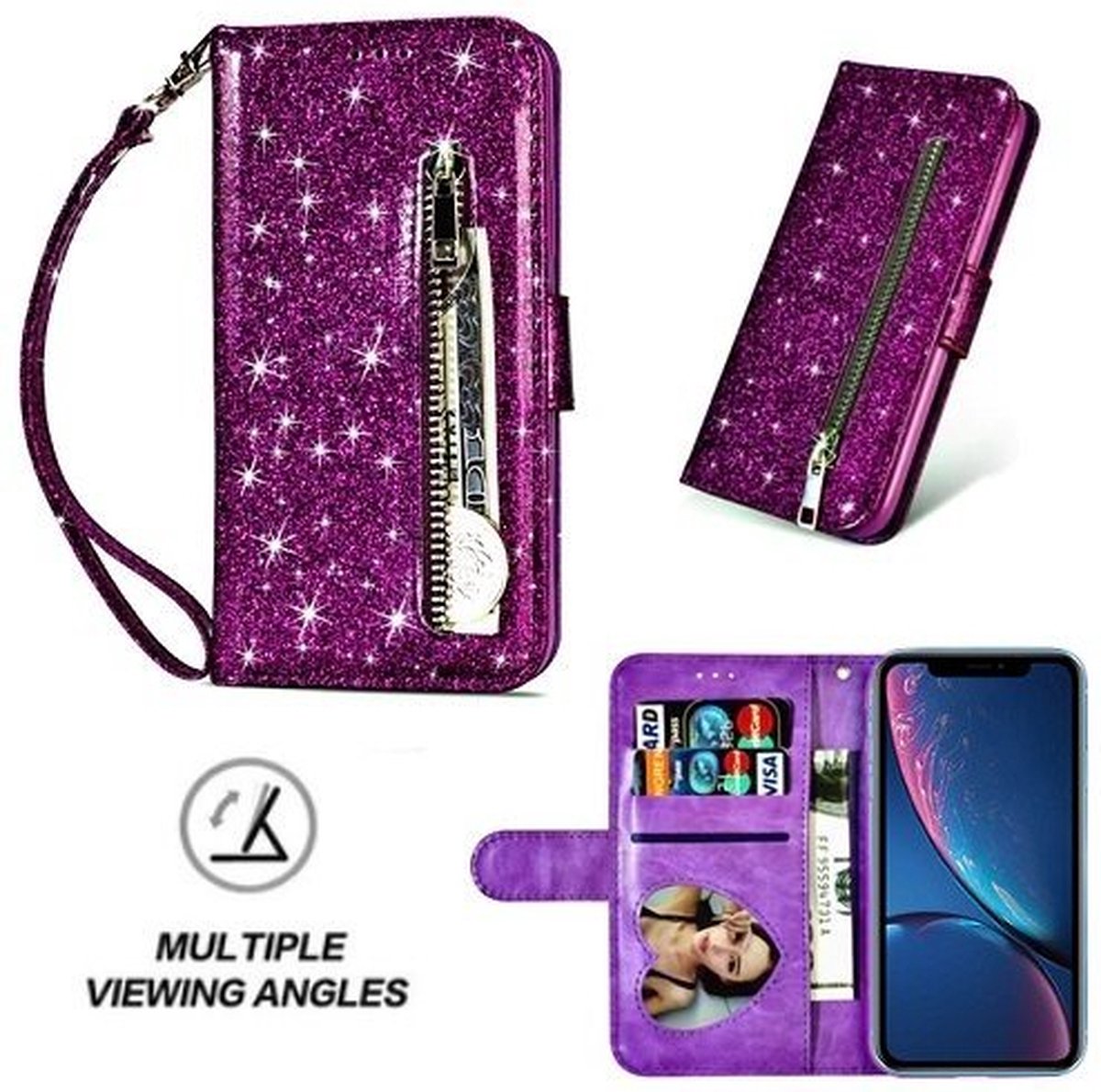 iPhone XR Glitter Hoesje Met Pasjeshouder Bookcase Paars