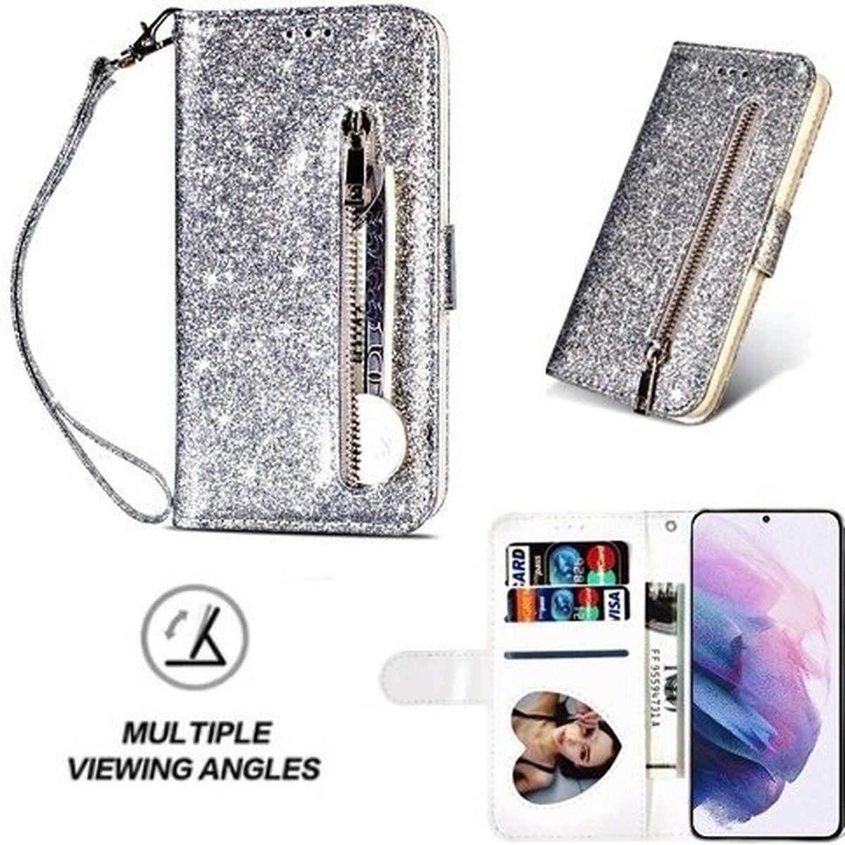 Samsung S21 Plus Glitter Hoesje Met Pasjeshouder Bookcase Zilver