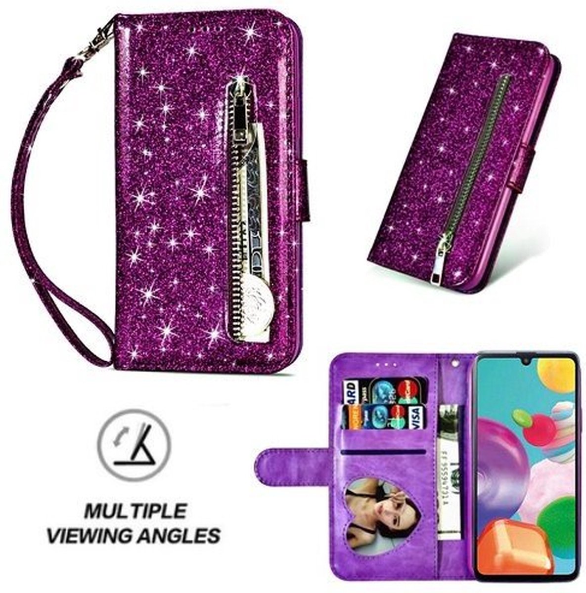 Samsung A41 Glitter Hoesje Met Pasjeshouder Bookcase Paars