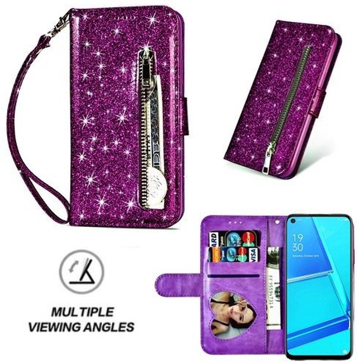 Oppo A52 Glitter Hoesje Met Pasjeshouder Bookcase Paars