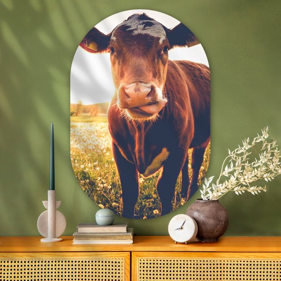 Ovale mural - Ovale mural - Décoration murale en plastique - Tableau ovale - Vache - Coucher de soleil - Fleurs - Herbe - Animaux - 80x120 cm - Forme miroir ovale sur plastique