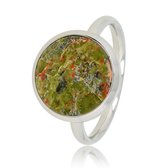 *My Bendel - Ring zilverkleurig met ronde grote Unakite - Prachtige zilverkleurige ring met kleurrijke Unakite edelsteen - Met luxe cadeauverpakking
