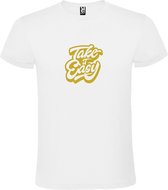 Wit T-Shirt met “ Take it Easy “ afbeelding Goud Size XXXXXL