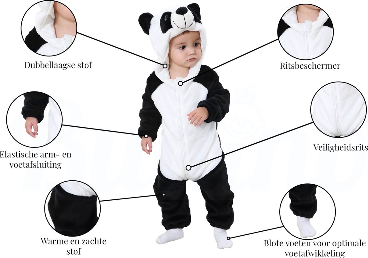 Budino® Baby Onesie - Baby Romper - Baby Pyjama - Baby Pakje - Baby Verkleedkleding - Carnavalskleding - Dier - Pandabeer - Wit Zwart — afbeelding 6