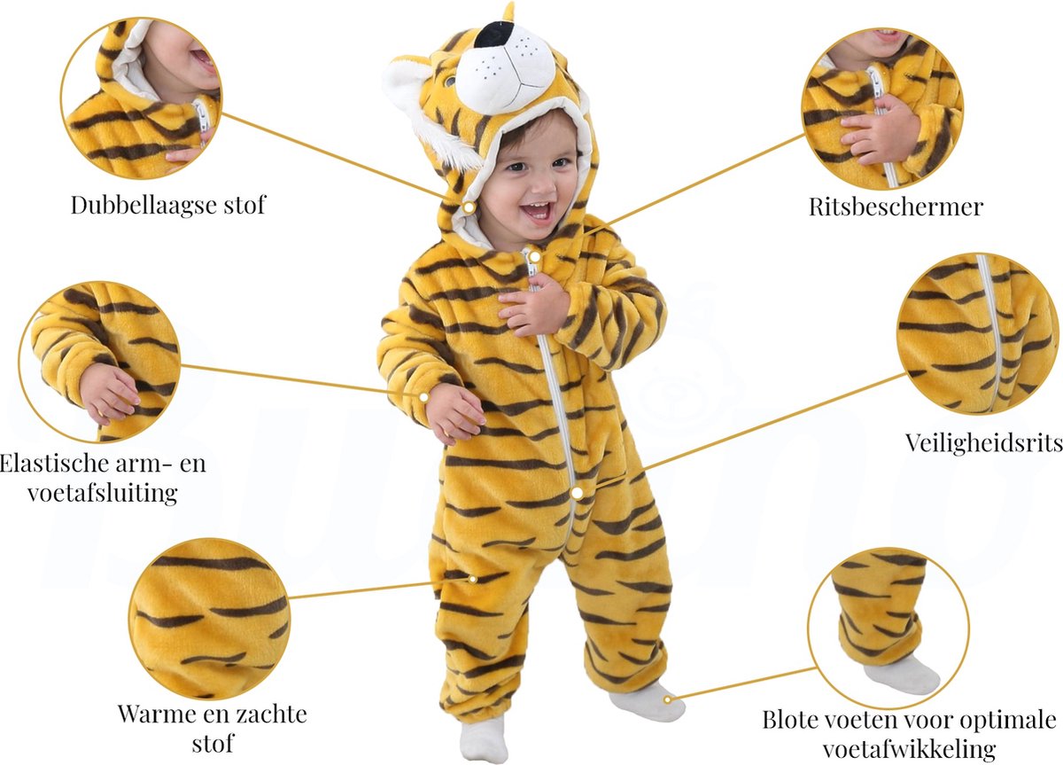Budino® Baby Onesie - Baby Romper - Baby Pyjama - Baby Pakje - Baby Verkleedkleding - Carnavalskleding - Dier - Tijger - Bruin — afbeelding 5