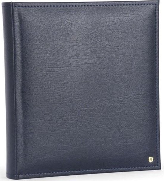 Blauw fotoalbum met een gestructureerd oppervlak en een klein gouden logo op de voorkant.