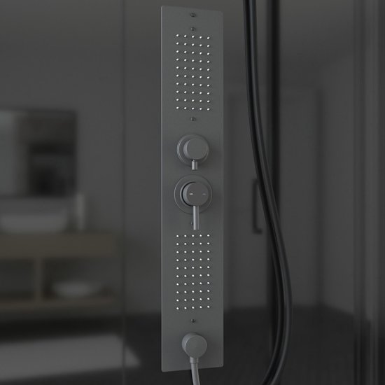 Panneau de douche gris foncé avec douche de pluie, douchette et jets de massage.