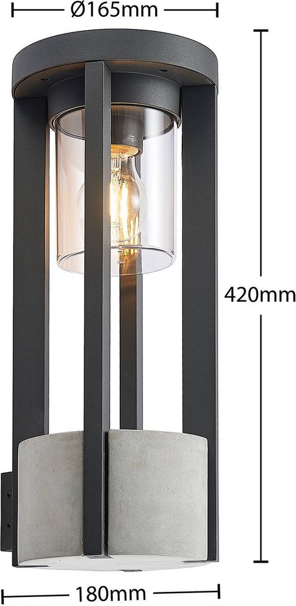 Lucande - Wandlamp buiten - 1licht - aluminium, kunststof - H: 42 cm - E27 - donkergrijs (RAL 840-M), helder