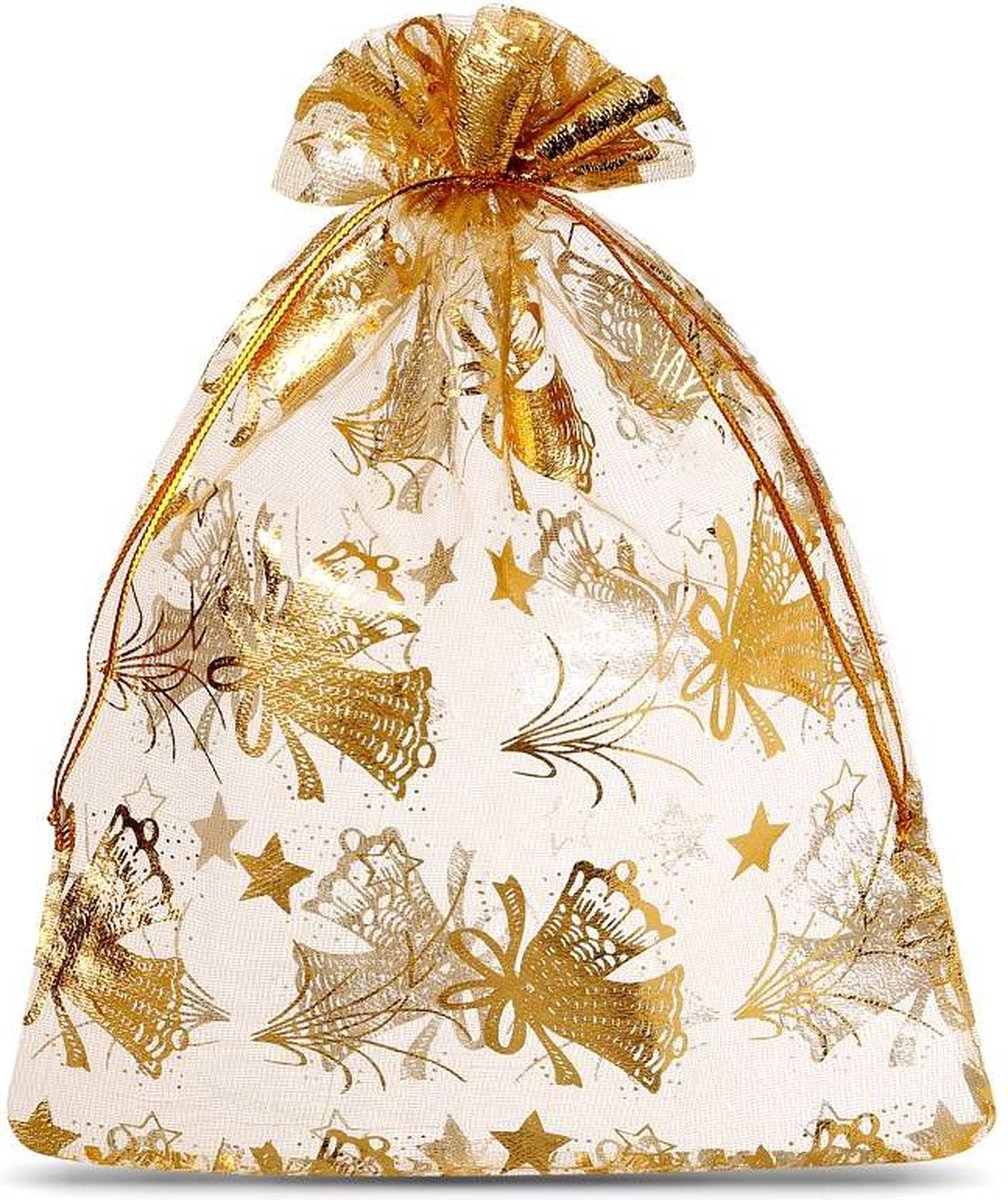 Kerst zakjes Organza 12 x 15 cm 10 stuk Gouden Bellen