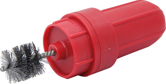 Manche de brosse en plastique rouge avec une brosse métallique à l'extrémité.