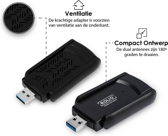 Rolio WiFi adapter USB - 1200Mbps 5GHz - Dual Antenne