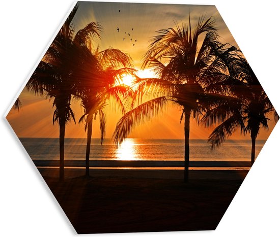 WallClassics - PVC Schuimplaat Hexagon  - Palmbomen op het Strand bij Zonsondergang - 40x34.8 cm Foto op Hexagon (Met Ophangsysteem)