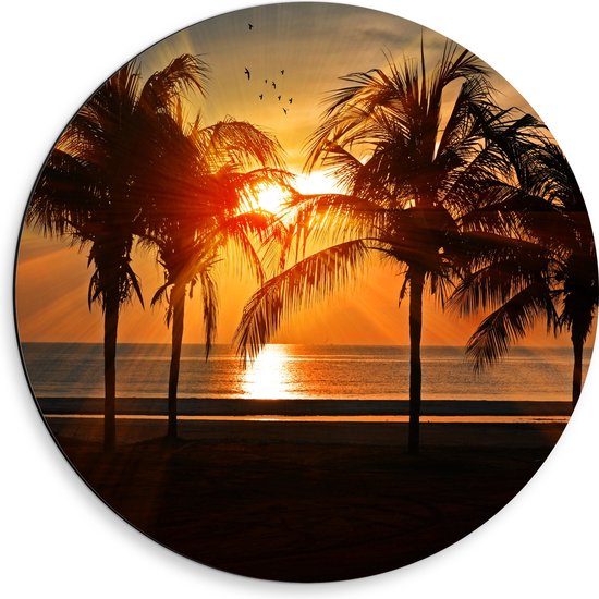 WallClassics - Dibond Muurcirkel - Palmbomen op het Strand bij Zonsondergang - 50x50 cm Foto op Aluminium Muurcirkel (met ophangsysteem)