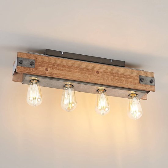 Lindby - plafondlamp hout - 4 lichts - metaal, hout - H: 13.5 cm - E27 - hout, zwart